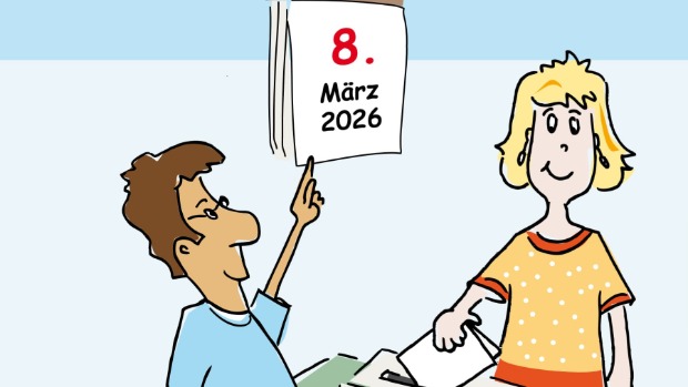 Zwei Comicfiguren gehen am 8. März (Kalenderblatt) wählen