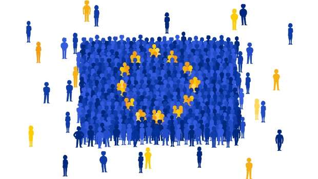 Personen in blau und gelb die die Europaflagge bilden