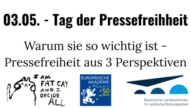 Eine gezeichnete Katze mit Text ist das Logo des FatCat und Logo der BLZ - Text: 03.05. - Tag der Pressefreiheit. Warum sie so wichtig ist - Pressefreiheit aus 3 Perspektiven