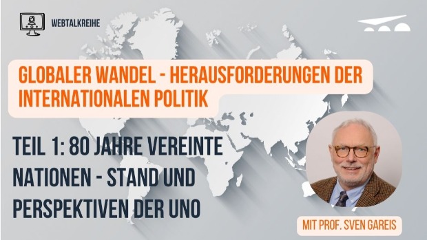 Titelbild der Veranstaltung mit Prof. Sven Gareis. Symbolbild mit Weltkarte im Hintergrund. Veranstaltungstitel und Foto Prof. Gareis.