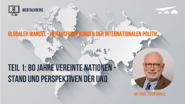 Kachel für die Webtalkreihe. Veranstaltungs- und Reihentitel. Im Hintergrund symbolische Weltkarte. Porträtfoto von Prof. Sven Gareis