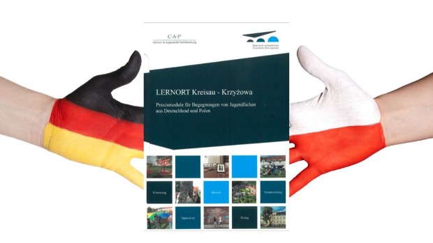 Titel der Veranstaltung -Präsentation der Publikation Lernort Kreisau- auf blauem Hintergrund mit dem Bild der Publikation