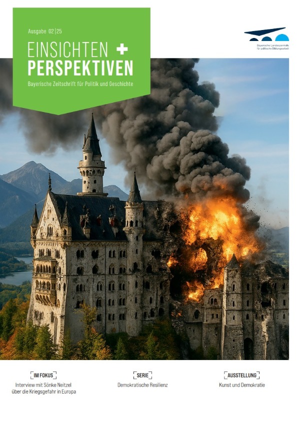 Titelbild von E+P 2/25 brennendes Schloss Neuschwanstein