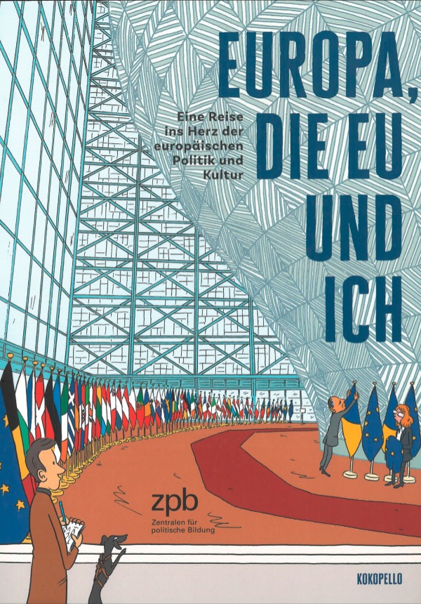 Titel des Buches, Comic-Menschen und alle Flaggen der EU