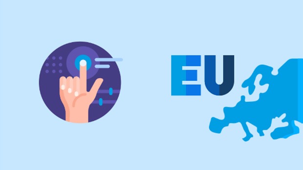 Finger im Kreis der auf einen Button drück mit Europäischer Unions Länderkarte