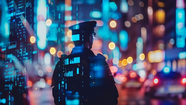 Silhouette eines Polizisten in Uniform bei Nacht in einer urbanen Umgebung mit verschwommenen Lichtern und Verkehr im Hintergrund. Überlagert sind digitale Grafiken und Datenvisualisierungen. 