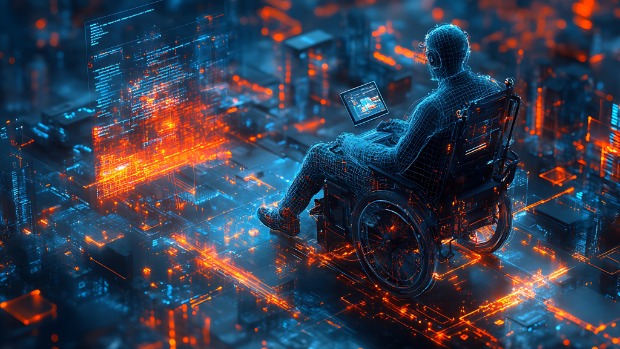 Digitale Person im Rollstuhl arbeitet an einem Laptop in einer leuchtenden futuristischen Datenlandschaft