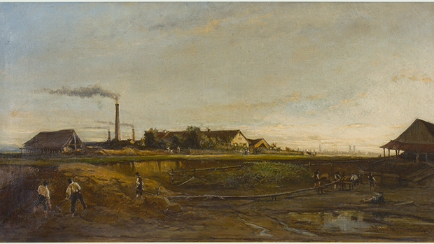 Lehmgrube einer Ziegelei im Münchner Osten (Ölgemälde von Joseph Hahn, 1870); viele italienische Saisonarbeiter, sogenannte „transalpini“, fertigten während der Sommermonate für einen geringen Lohn Ziegel.