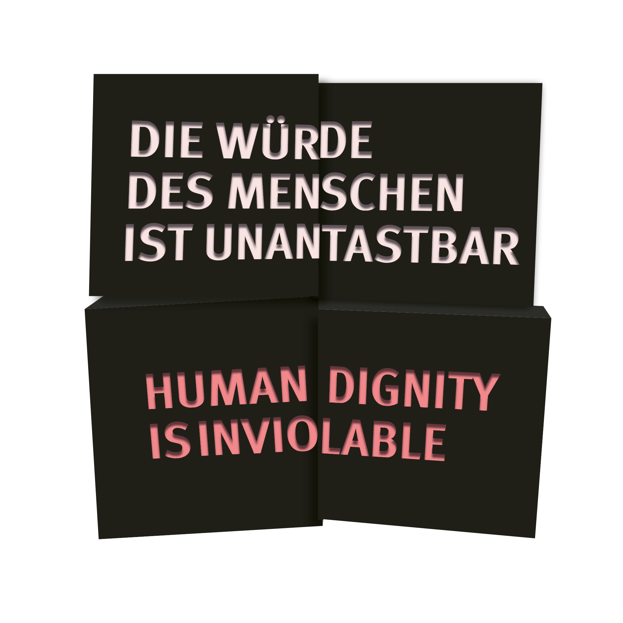 Bild mit Würfeln, auf dem oberen Würfel steht "Die würde des Menschen ist unantastabar" und auf dem unteren der Satz in Englischer Sprache