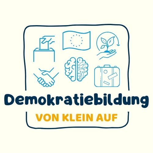 Titelbild für die Fortbildungsreihe "Demokratiebildung von klein auf", mit verschiedenen Symbolbildern